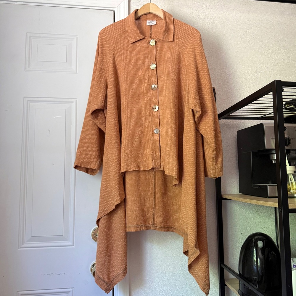 WEST LOVE peach lagenlook boxy waterfall draped hi lo shell button up shirt top